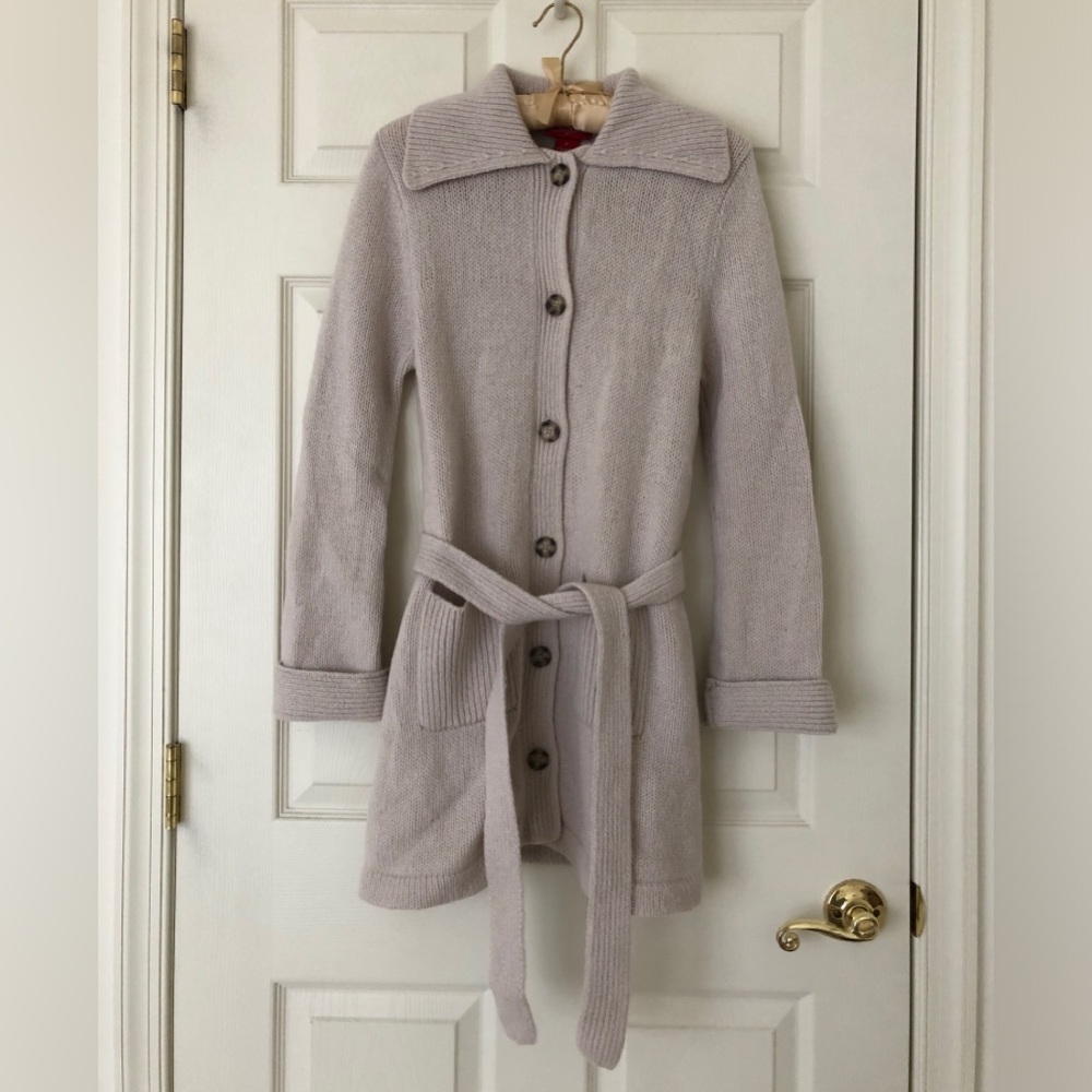 H&M L.O.G.G. Lambswool Long Belted Cardigan Light Gray Size Medium